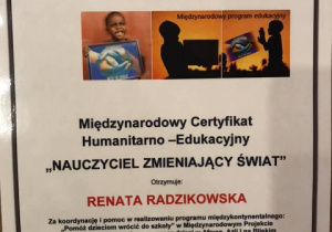 Certyfikat dla mgr Renaty Radzikowskiej