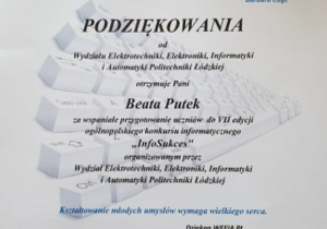 Podziękowania dla Pani prof. Beaty Putek