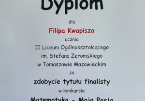 Sukces uczniów w wojewódzkim konkursie "Matematyka Moja Pasja"